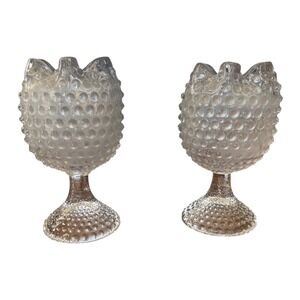 Vintage Hobnail Opalescent Glass Tulip Candle Holder Set 2 Mid‎ Century Clear